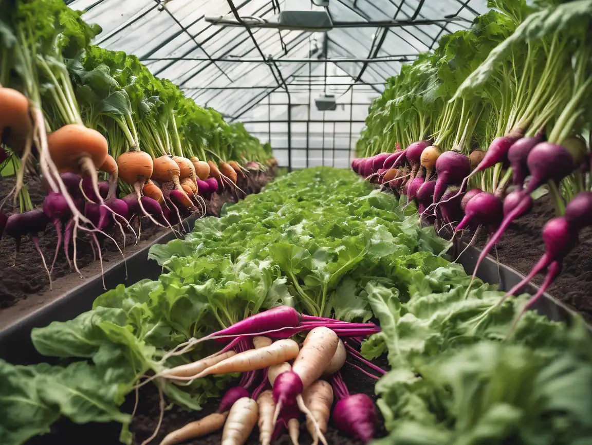 Vibrant colorful radishes growing in a modern greenhouse with optimal conditions for fresh vegetable production.