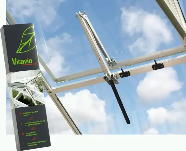 Aluminum greenhouse window opening mechanism with automatic system for optimal ventilation.