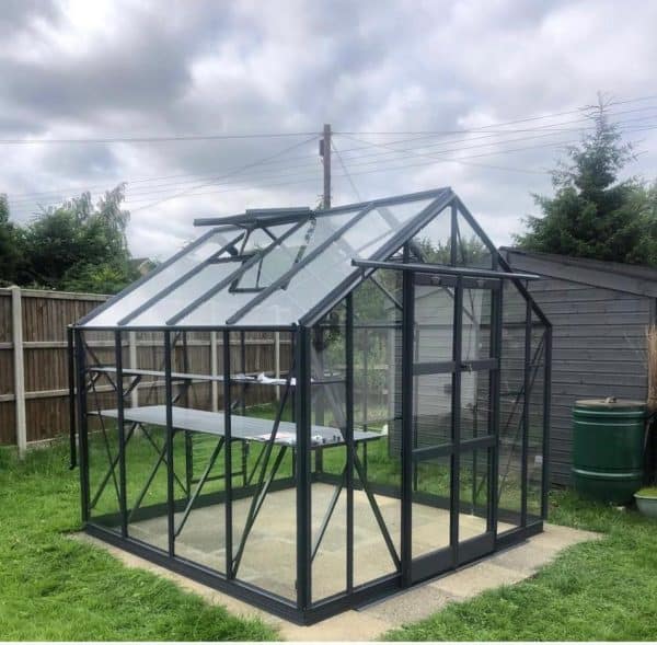 A1 Greenhouses premium glass greenhouse with black metal frame, ideal for plant cultivation and garden hobbyists, designed for optimal light and durability.