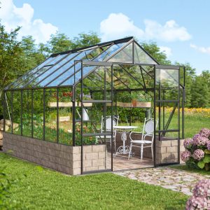 Lush green greenhouse with black frame, filled with vibrant plants and flowers, surrounded by a well-maintained garden and colorful hydrangeas, ideal for gardening enthusiasts and ideal for optimal plant growth.