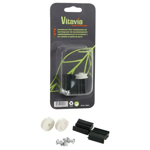 Replacement greenhouse door maintenance kit for A1 Greenhouses, includes rollers and hardware, perfect for door adjustment and maintenance, ensuring optimal greenhouse functionality and longevity.