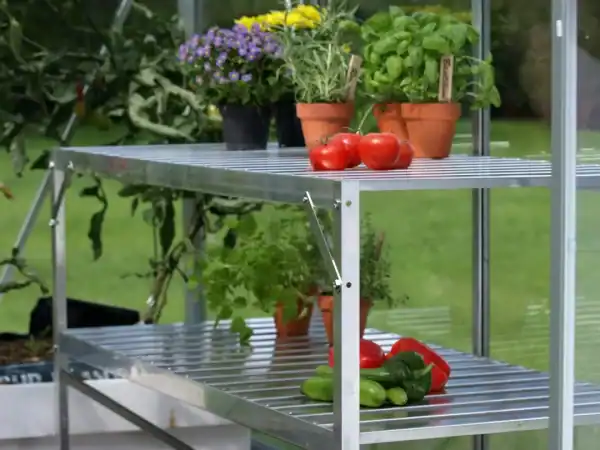 Bright metal garden shelving unit with potted herbs, fresh tomatoes, cucumbers, and bell peppers, ideal for outdoor vegetable and herb gardening. Perfect for optimizing small garden spaces.