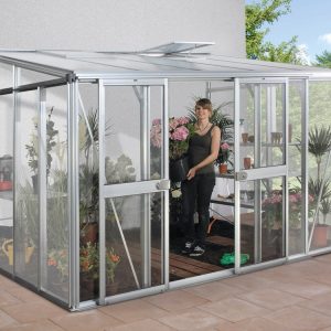 Aluminum greenhouse with sliding door, filled with vibrant flowering plants and lush greenery, designed for optimal plant growth, gardening, and outdoor cultivation.
