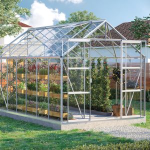 Aluminum greenhouse with glass panels and wooden shelving for plant cultivation, ideal for home gardening and plant protection, showcasing durable construction and modern design.