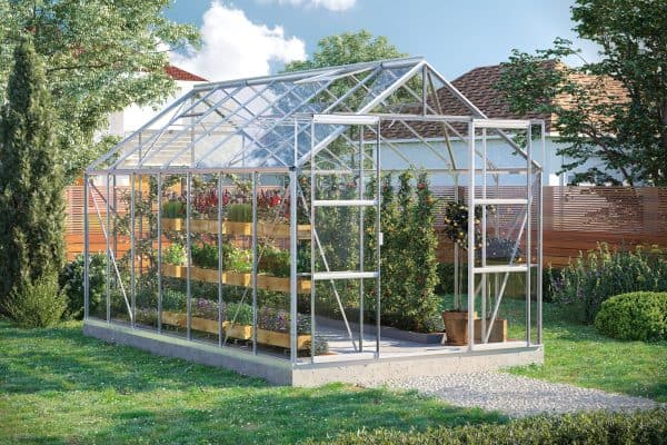 Aluminum greenhouse with glass panels and wooden shelving for plant cultivation, ideal for home gardening and plant protection, showcasing durable construction and modern design.