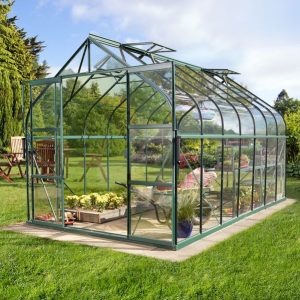 Versatile glass greenhouse with robust aluminum frame for optimal plant growth and garden protection. Perfect for home gardening and horticultural projects.
