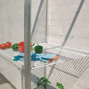 Fresh vegetables and kitchen towels on a greenhouse shelf, showcasing durable structure and perfect environment for growing produce in a A1 Greenhouses structure.