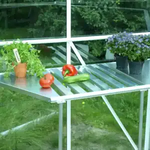 Versatile aluminum greenhouse table with adjustable height, perfect for gardening and plant care. Ideal for staging vegetables and flowers, offering a durable, rust-resistant surface for optimal plant growth.