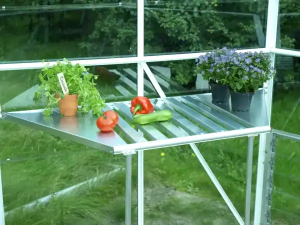 Versatile aluminum greenhouse table with adjustable height, perfect for gardening and plant care. Ideal for staging vegetables and flowers, offering a durable, rust-resistant surface for optimal plant growth.