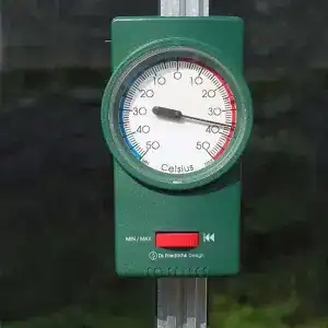 Indoor greenhouse temperature monitor showing 21°C for optimal plant growth in A1 Greenhouses.