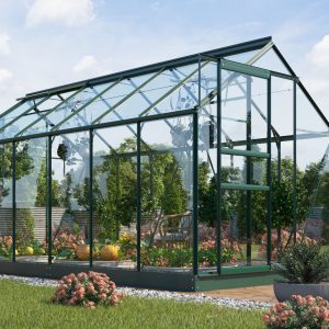 Large glass greenhouse with lush interior planting, situated in a modern residential garden, ideal for home gardening and plant cultivation.