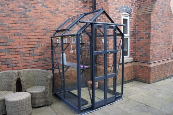 Greenhouse with black frame and glass panels, perfect for gardening and plant protection, situated outside a brick house in a residential garden.